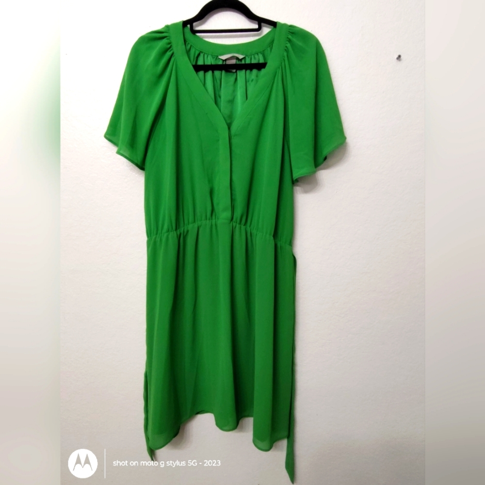 Green H&M V Neck Chiffon Dress Size Large Butterfly Sleeve/ Raglan Sleeve